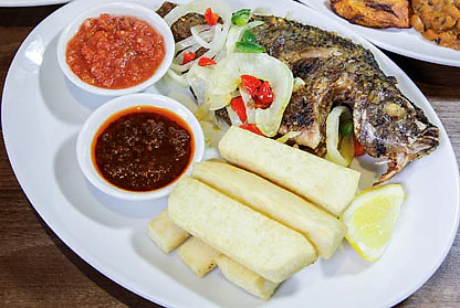 Fried Yam & Tilapia with Pepper Sauce